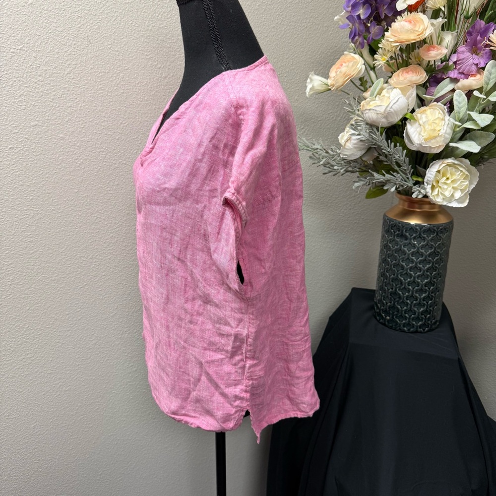Tahari 100% Linen Pink Split Neck Short Sleeve Top M Summer Lightweight Blouse - Picture 2 of 7
